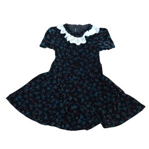 Vintage Charming Black Velvet Floral Kids Dress Size 10